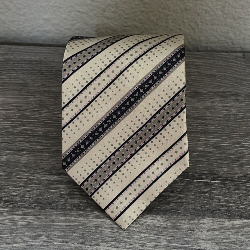 Brioni Silk Neck Tie Luxury Stripe Champagne Tan Navy Pink Designer Italy 60"